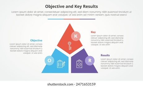 Concepto infográfico del marco de resultados clave y de los objetivos de OKR para la presentación de la diapositiva con la insignia circular de la división y del círculo de la división y del círculo del triángulo del ciclo con la lista de 3 puntos con el Vector del estilo plano