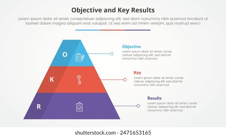 OKR-Ziele und Hauptergebnisse Framework Infografik-Konzept für Diapräsentation mit Pyramidenform mit 3D-Schattenabzeichen mit 3-Punkt-Liste mit flacher Stil-Vektorgrafik