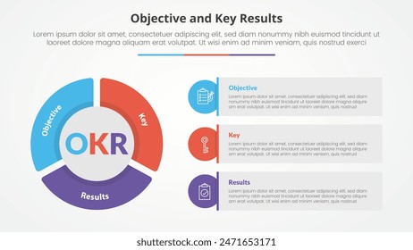 OKR objectives and key results framework infographic concept for slide presentation with big pie chart shape and round rectangle box with 3 point list with flat style vector