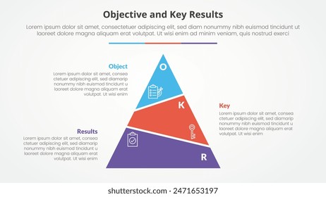 OKR objectives and key results framework infographic concept for slide presentation with slice pyramid unbalance with 3 point list with flat style vector