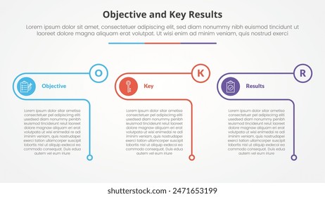 Concepto de infografía de la estructura de resultados clave y objetivos OKR para la presentación de diapositivas con círculo de tabla de esquema creativo con lista de 3 puntos con Vector de estilo plano