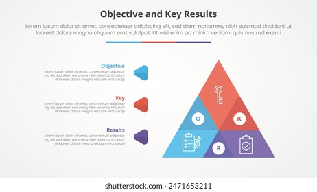 OKR objectives and key results framework infographic concept for slide presentation with big pyramid shape venn blending with 3 point list with flat style vector