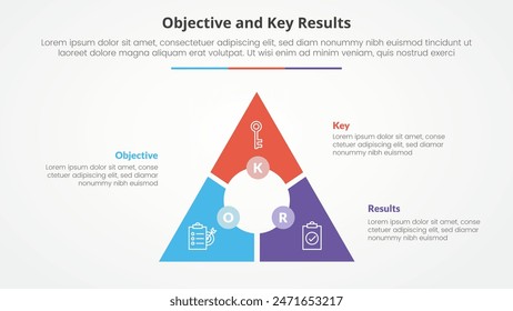 OKR objectives and key results framework infographic concept for slide presentation with triangle cycle circular circle center with 3 point list with flat style vector