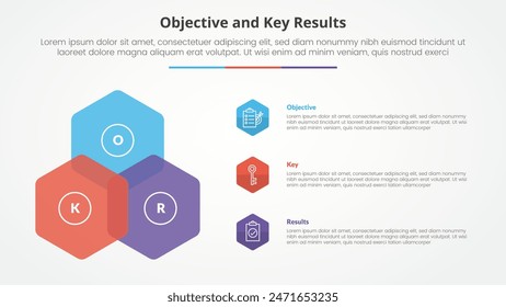 OKR objectives and key results framework infographic concept for slide presentation with with 3 point list with flat style vector