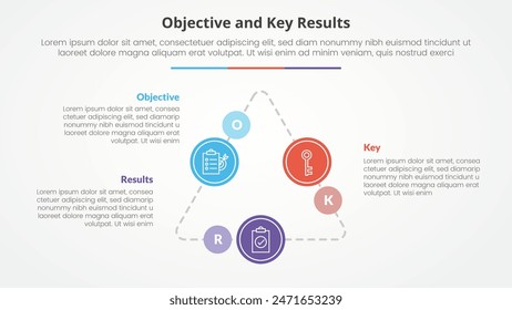 OKR objectives and key results framework infographic concept for slide presentation with triangle cycle circular on triangle line connected with 3 point list with flat style vector