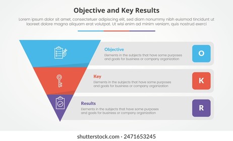OKR objectives and key results framework infographic concept for slide presentation with reverse pyramid and rectangle box container description with 3 point list with flat style vector