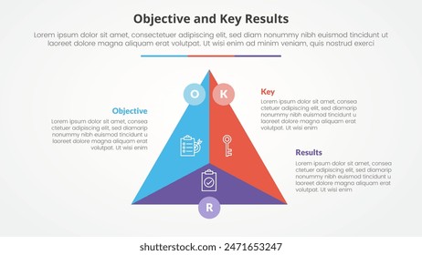 OKR objectives and key results framework infographic concept for slide presentation with triangle cycle circular center circle badge with 3 point list with flat style vector
