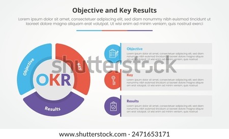 OKR objectives and key results framework infographic concept for slide presentation with big pie chart shape and round rectangle box with 3 point list with flat style vector