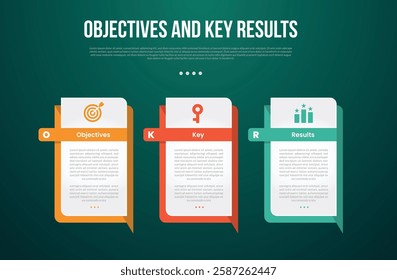 OKR Objectives and Key Results infographic template with creative rectangle box with sharp callout bottom with dark background style with 3 point for slide presentation vector