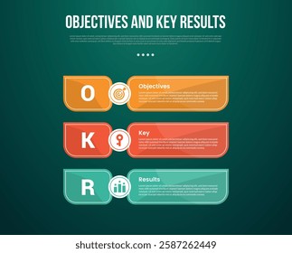 OKR Objectives and Key Results infographic template with big sharp rectangle container vertical stack with dark background style with 3 point for slide presentation vector