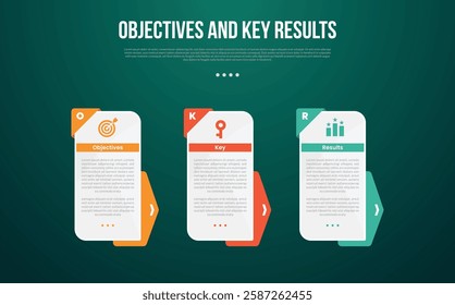 OKR Objectives and Key Results infographic template with rectangle box vertical and arrow badge background with dark background style with 3 point for slide presentation vector