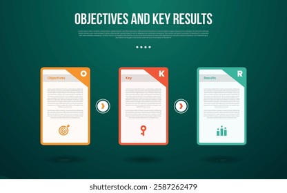 OKR Objectives and Key Results infographic template with big table with sharp edge and badge on top right with dark background style with 3 point for slide presentation vector