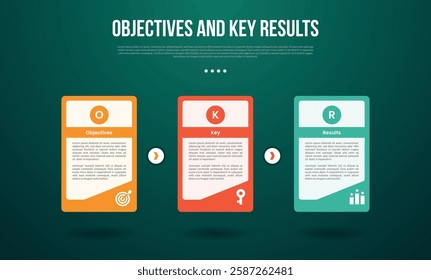 OKR Objectives and Key Results infographic template with big table box with creative accessories on right bottom with dark background style with 3 point for slide presentation vector
