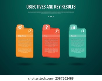 OKR Objectives and Key Results infographic template with creative folder box container with dark background style with 3 point for slide presentation vector