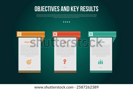 OKR Objectives and Key Results infographic template with creative table with separated header with dark background style with 3 point for slide presentation vector