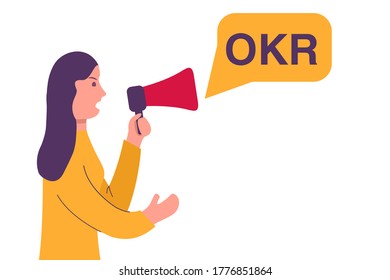 OKR (Objectives and key results).Young girl with a loudspeaker.Website banner concept.Speech bubble.Isolated on white background.