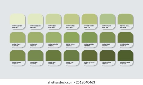 Okra Color Palette, Okra Green Color Guide Palette with Color Names. Catalog Samples of Green colors with RGB HEX codes. plastic, paint, natural Green colour, Fashion Trend Okra Color shade tones