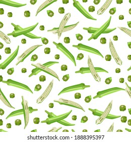 Okra. Lady Finger. Gumbo Seamless Background. Exotic Vegetables. Organic And Healthy, Diet And Vegetarian Food. Vector Illustrations Isolated.