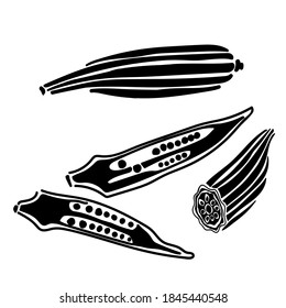 Okra silhouette, whole and cut vegetable, half with seeds, contours for creating a logo or labeling food packaging vector illustration for design