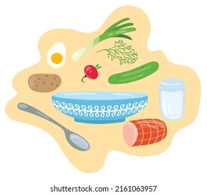 Okroshka cold soup ingredients. Hand drawn vector illustration. Suitable for website, stickers, gift cards.