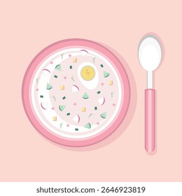 Okroshka, cold soup. Vector Illustration for printing, backgrounds, covers and packaging. Image can be used for greeting cards, posters, stickers and textile. Isolated on white background.