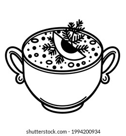 Okroshka vector icon. Russian cold soup with kvass, whey. The food is garnished with egg and dill. Summer national snack in a tureen. Aperitif sketch. Delicacy outline.