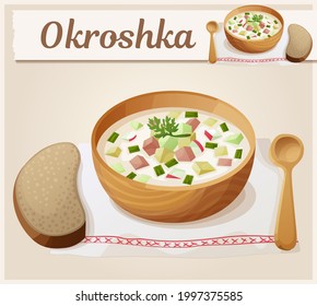 Okroshka vector icon. Russian cold soup with cucumber, meat, potato cartoon illustration