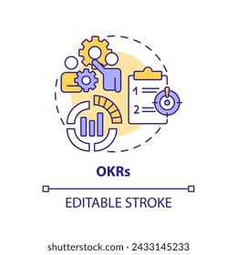 OKRs-Methode Multi-Color-Konzept-Symbol. Zielsetztechnik. Darstellung der runden Formlinie. Abstrakte Idee. Grafikdesign. Einfache Verwendung in Infografik, Werbematerial, Artikel, Blog-Beitrag