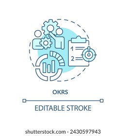 OKRs-Methode, weiches blaues Konzeptsymbol. Zielsetztechnik. Darstellung der runden Formlinie. Abstrakte Idee. Grafikdesign. Einfache Verwendung in Infografik, Werbematerial, Artikel, Blog-Beitrag