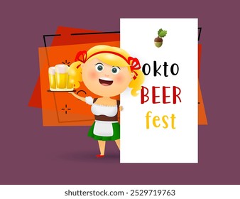 Okto beer fest banner design with German waitress in national dress on abstract background. Lettering can be used for invitations, signs, announcements