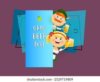 Okto beer fest banner design with happy German characters on abstract rhombus background. Creative lettering can be used for invitations, signs, announcements