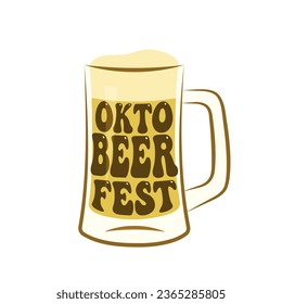 Okto Beer Fest lettering on mug of beer, graphic design for traditional festival Oktoberfest celebration, vector illustration