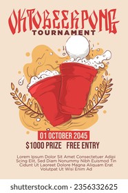 oktobeerpong tournament poster template. octeber beer bar event poster template. beer pong vector illustration poster template