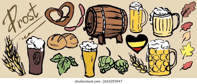 Oktober fest banner with beer glasses and more elements. Vintage, retro style. Leaves, weat, pretzel, sausage, hat, bread , German icons.Vector Beer Festival Illustration