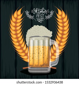 Oktober fest design with beer mug and decorative wheat leaves over black background, vector illustration