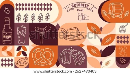 Oktober fest geometric banner Background with Drinks and Food elements.Retro style Oktoberfest pattern with beer mugs, pretzel, sausage, hat, mustard, German icons.Vector Beer Festival Illustration