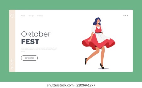 Oktober Fest Landing Page Template. Oktoberfest Festival Celebration, German Beer Fest Concept. Female Character Wear Traditional Bavarian Peasant Dress Celebrating. Cartoon People Vector Illustration