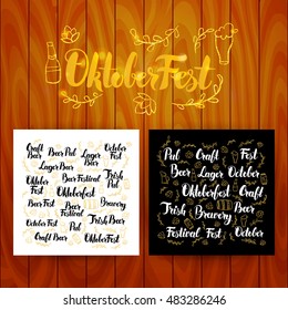 Oktober Fest Lettering Postcards. Vector Illustration of Craft Beer Modern Calligraphy over Wooden Board.