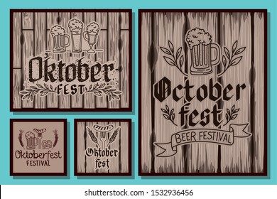 Oktober fest lettering posters with beer mug and decorative and related icons over wooden vintage background, vector illustration