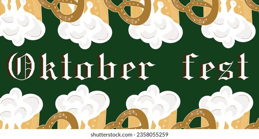 oktober fest poster, invitation, germany, munich, beer, pretzel, alcohol on green background