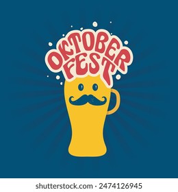 Oktober fest sticker design with a beer mug with foam. Oktoberfest typography template, label, greeting card for German beer festival celebration. Hand Drawn Lettering beer fest logo.