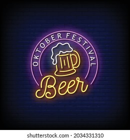 Oktober Festival Beer Neon Signs Style Text Vector