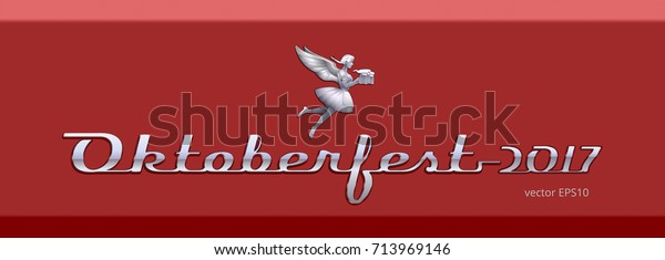 Oktoberfest 2017 calligraphic logo with a\
vintage car mascot. Figurine of winged waitress is flying to\
deliver some mugs of beer. Metallic linked ligature in a retro\
automotive style. Red\
background.