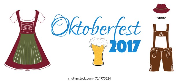 Oktoberfest 2017 flyer, vector illustration. Traditional Bavarian clothes 'Tracht' for men and women, hand drawn beer glass, text. 
