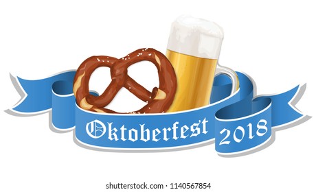 Oktoberfest 2018 background with a pretzel and a glass of beer