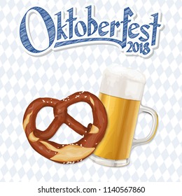 Oktoberfest 2018 background with a pretzel and a glass of beer