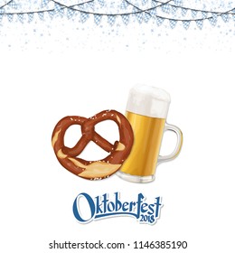 Oktoberfest 2018 background with a pretzel and a glass of beer