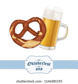 Oktoberfest 2018 background with a pretzel and a glass of beer