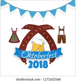 Oktoberfest 2018 flyer, cartoon vector illustration. Traditional Bavarian clothes 'Tracht' for men and women, big sausages, garland and hand drawn beer glass, text. 