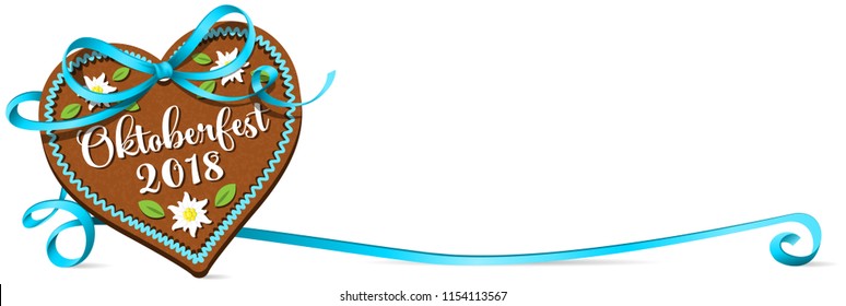 Oktoberfest 2018 gingerbread heart with blue ribbon bow. Oktoberfest banner.